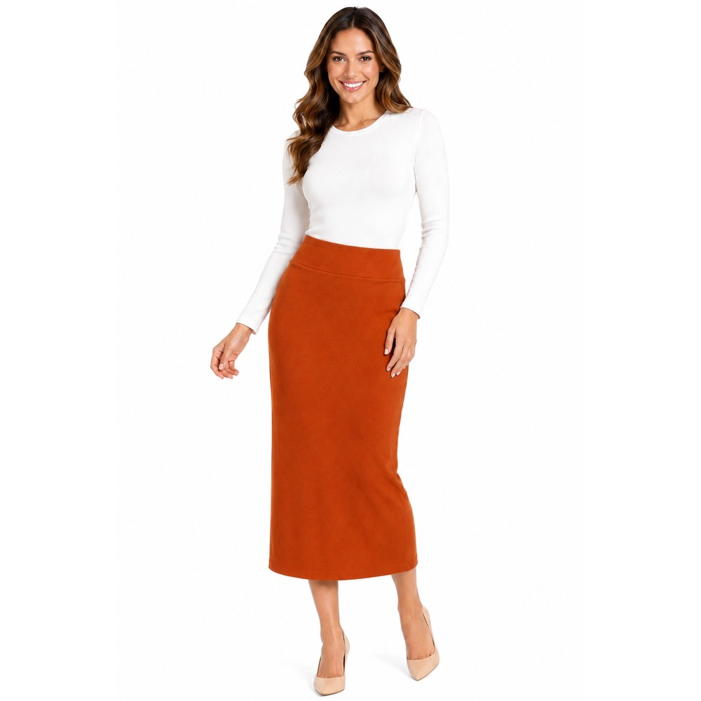 Nine West Rust Orange Midi Skirt SZ LStretch Pull On Pencil Skirt Career Casual